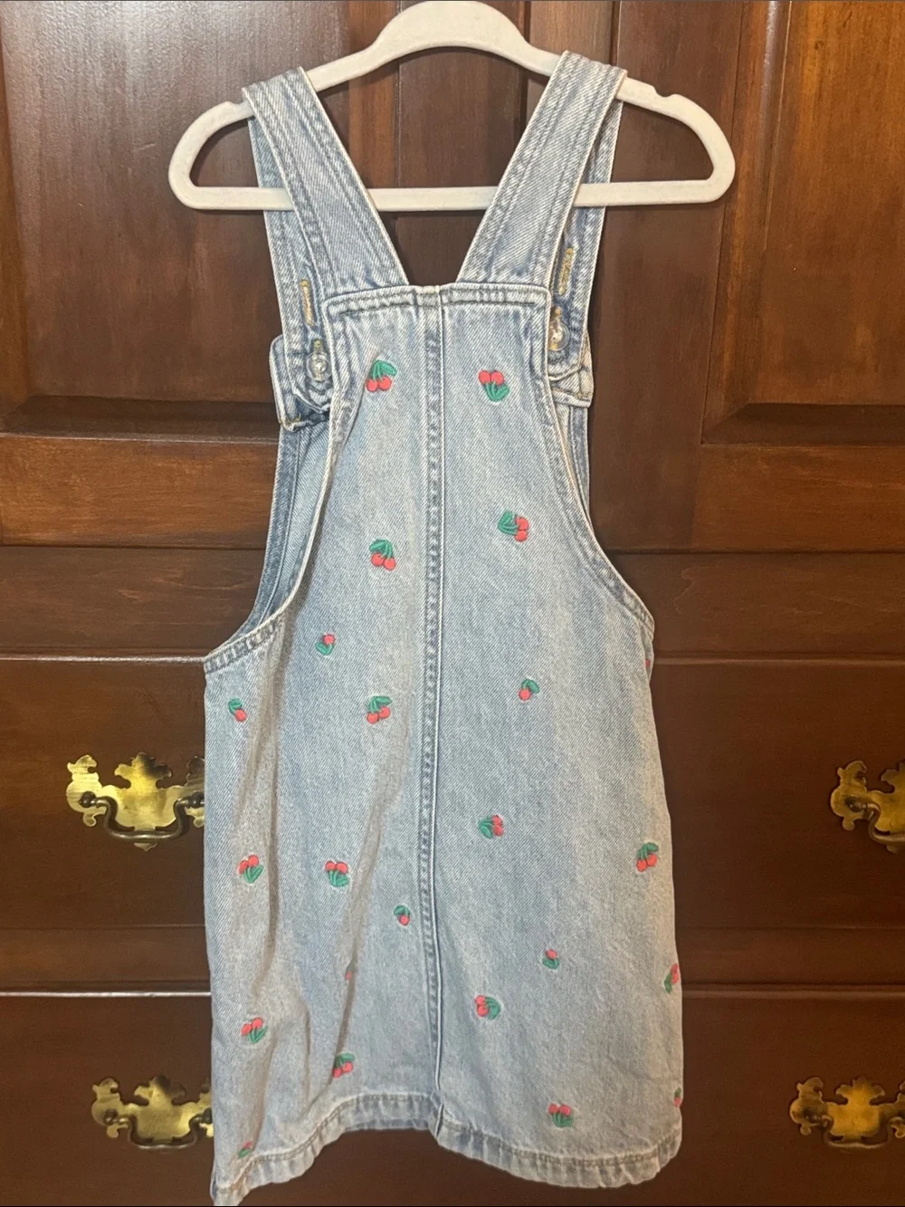 Girls Light Denim Cherry Embroidered Overall Dress GAP